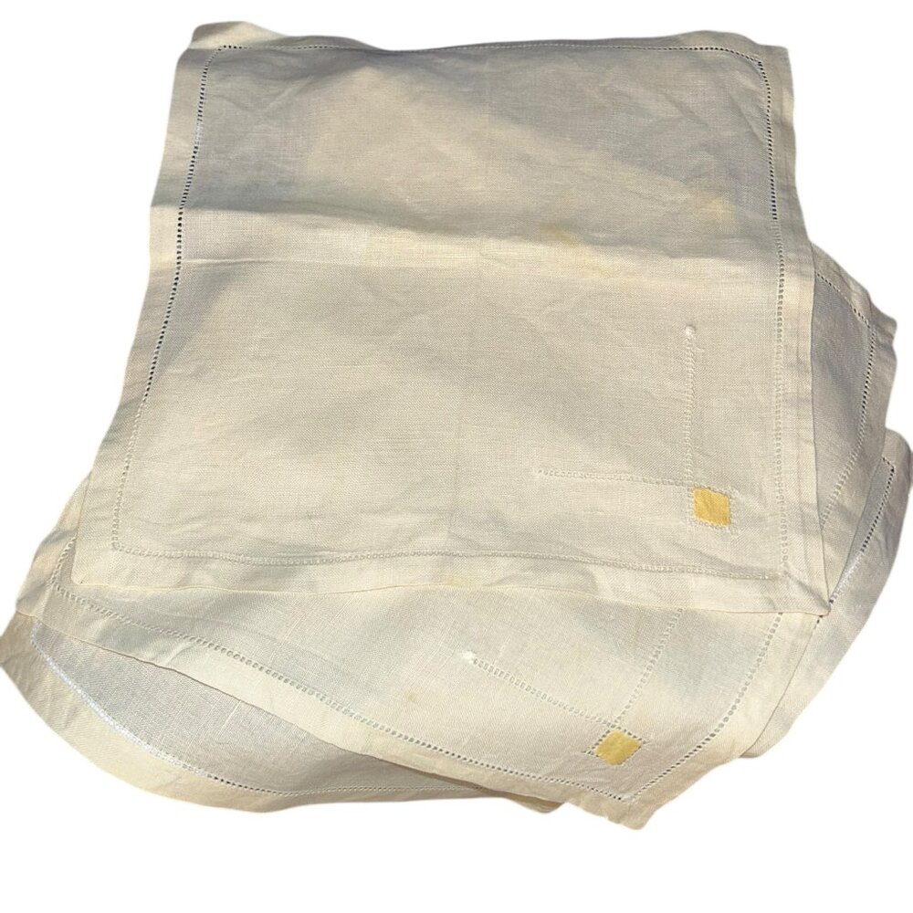 Vintage white Linen pintuck hemstitch 3 napkins  little yellow squares corner